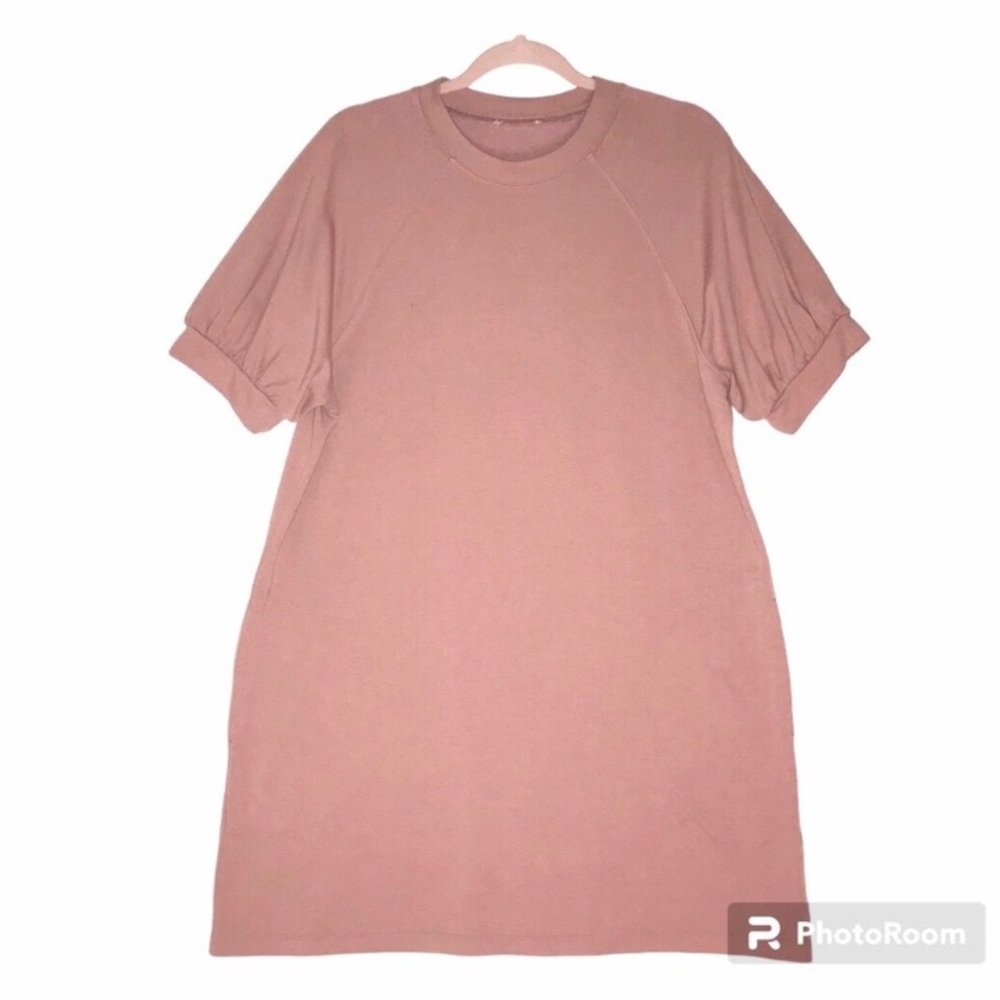 Mauve Pink Shirt Dress Short Puff Sleeves Pockets Relaxed Fit Large